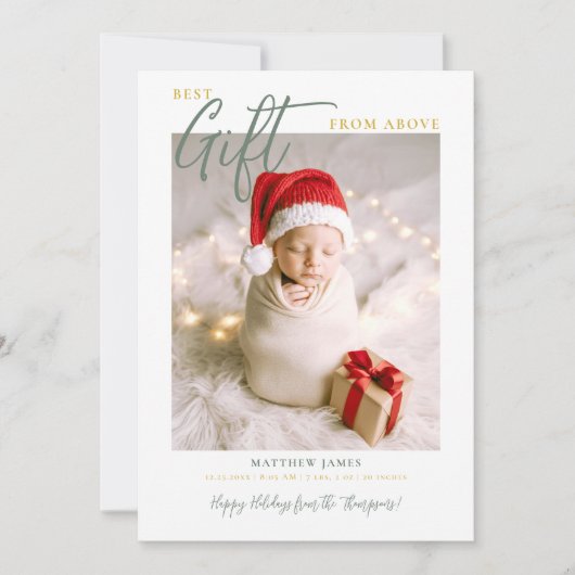 クリスマスギフト書道モダン緑のベビー写真 案内状 (正面)