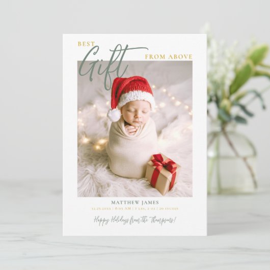 クリスマスギフト書道モダン緑のベビー写真 案内状 (スタンド正面)