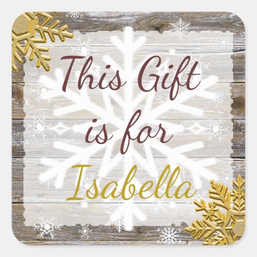 クリスマスギフト木材金ゴールド雪片ギフトラベル スクエアシール (正面)