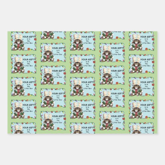 クリスマスギフト猫グリーンおもしろい ラッピングペーパーシート (正面3)