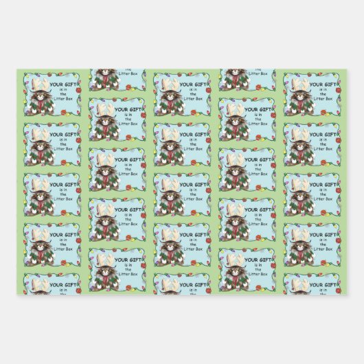 クリスマスギフト猫グリーンおもしろい ラッピングペーパーシート (正面)