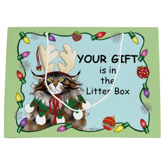 クリスマスギフト猫グリーンおもしろい ラージペーパーバッグ (正面)