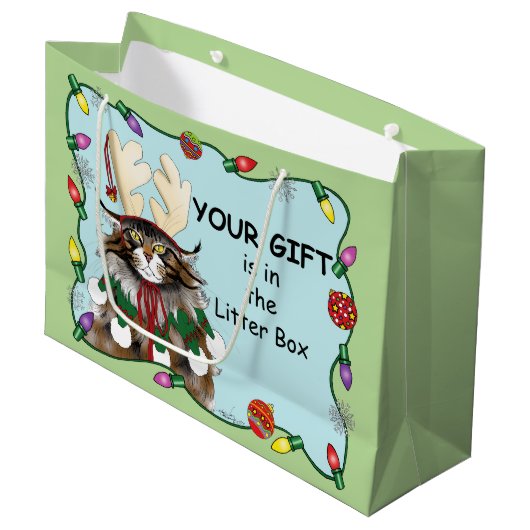 クリスマスギフト猫グリーンおもしろい ラージペーパーバッグ (正面アングル)