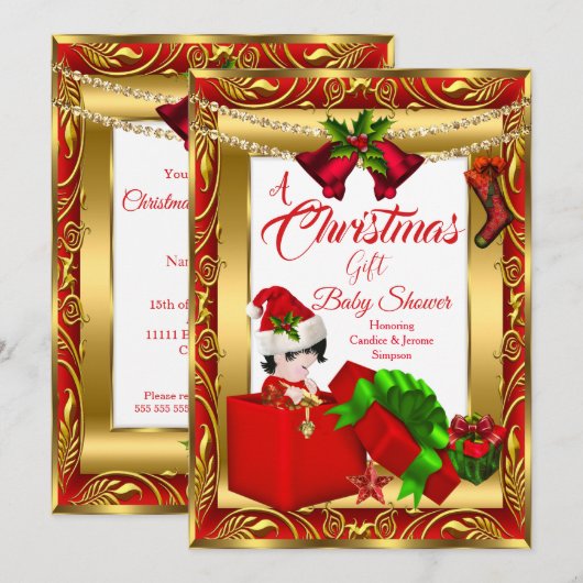 クリスマスギフト男の子の女の子ベビーシャワーレッド金ゴールド2 招待状 (正面/裏面)
