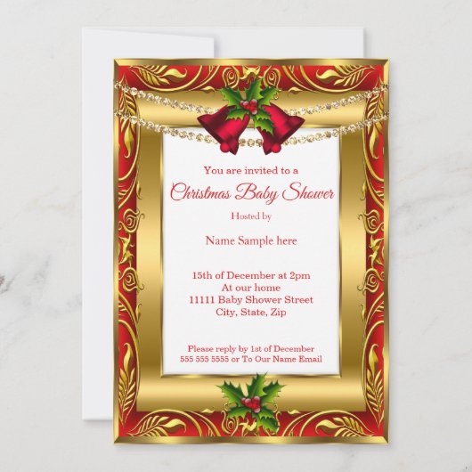 クリスマスギフト男の子の女の子ベビーシャワー赤い金ゴールドオウム2 招待状 (裏面)
