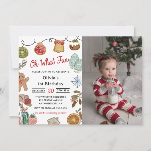 クリスマスクッキーああ何おもしろい1stバースデーフォト 招待状 (正面)