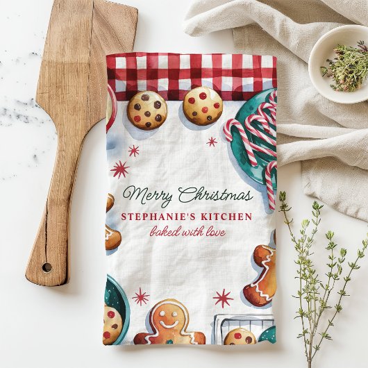 クリスマスクッキーとキャンディーキャンパーソナライズされた キッチンタオル
