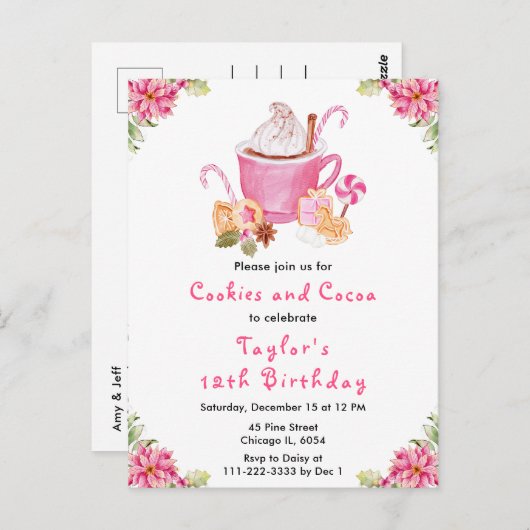 クリスマスクッキーとココアバースデーパーティーピンク ポストカード (正面/裏面)