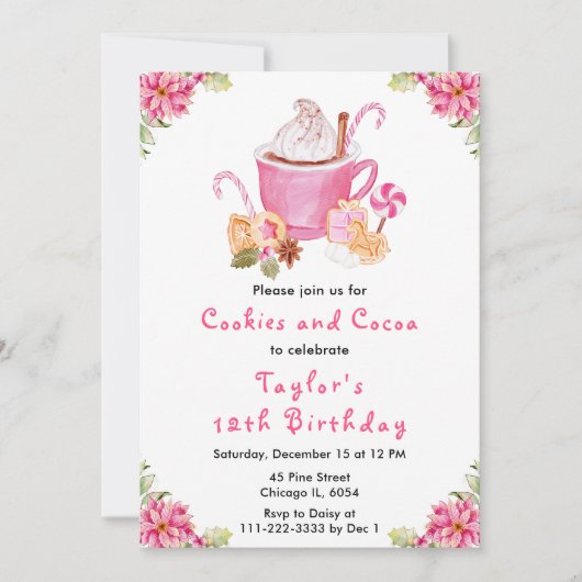 クリスマスクッキーとココアバースデーパーティーピンク 招待状 (正面)