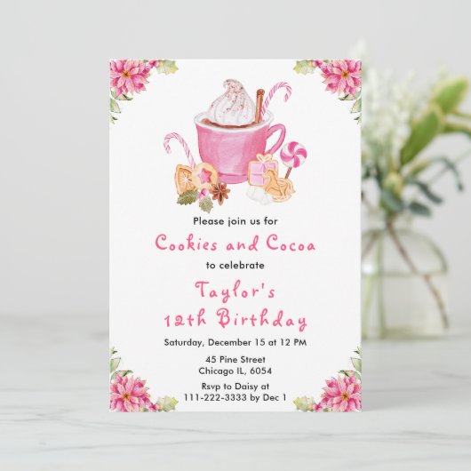 クリスマスクッキーとココアバースデーパーティーピンク 招待状 (スタンド正面)