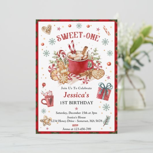 クリスマスクッキーとココア1歳の誕生日パーティー 招待状 (スタンド正面)