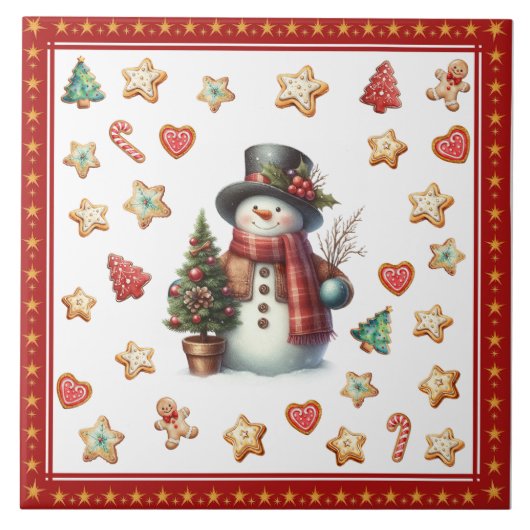 クリスマスクッキーとスノーマンの陶器タイル 赤 タイル (正面)