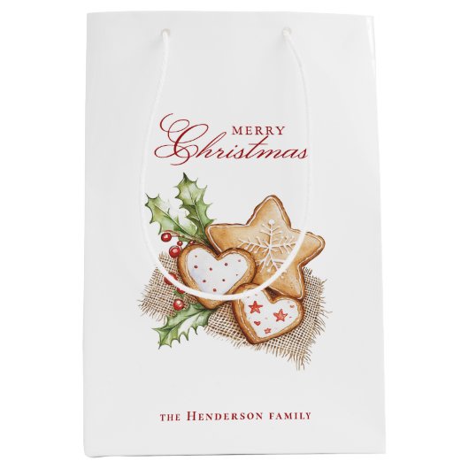 クリスマスクッキーとパインホワイト名前をカスタムする ミディアムペーパーバッグ (正面)