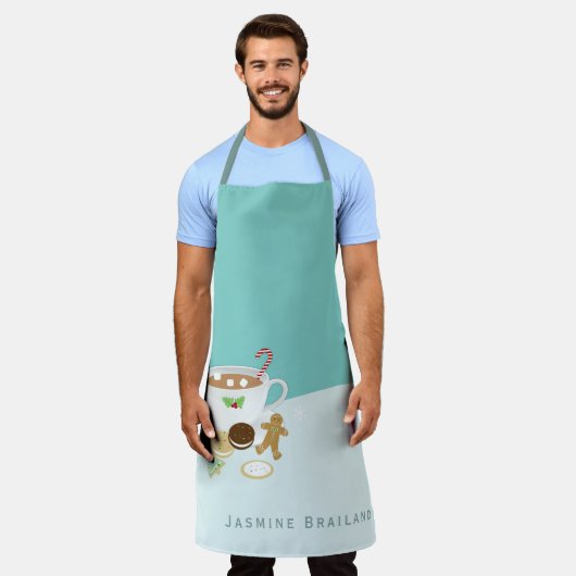 クリスマスクッキーとホットチョコレート名前をカスタムする エプロン (着用した状態)