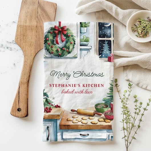クリスマスクッキーのキッチンシーンパーソナライズされた キッチンタオル