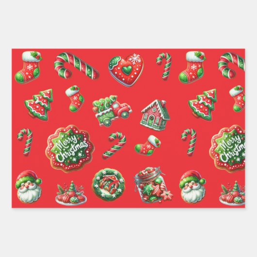 クリスマスクッキーのベーカー模様 ラッピングペーパーシート (正面3)