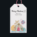 クリスマスクッキーハウス – Merry Christmas ギフトタグ<br><div class="desc">水の色のジンジャーブレッドの家。クリスマスパーティー。クリスマス飾キャンディ、キャンディー、オレンジ色のスライスとジンジャーパンのクッキーを持つジンジャーパンの家。</div>