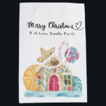 クリスマスクッキーハウス – Merry Christmas ミディアムペーパーバッグ<br><div class="desc">水の色のジンジャーブレッドの家。クリスマスパーティー。クリスマス飾キャンディ、キャンディー、オレンジ色のスライスとジンジャーパンのクッキーを持つジンジャーパンの家。</div>