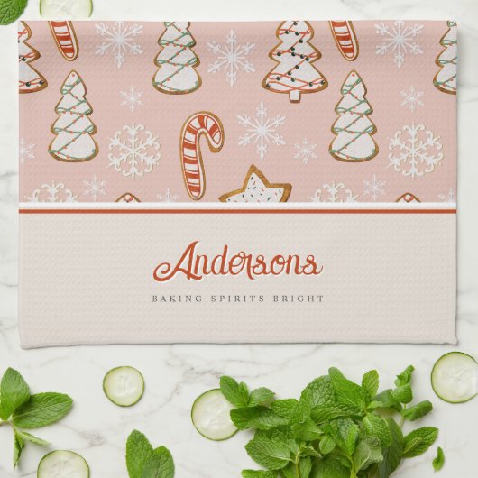 クリスマスクッキーピンクモノグラム キッチンタオル (折り畳み)
