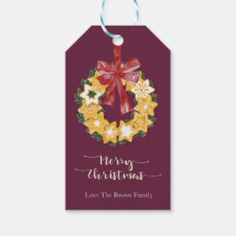 クリスマスクッキーリースと深いプラム背景 ギフトタグ
