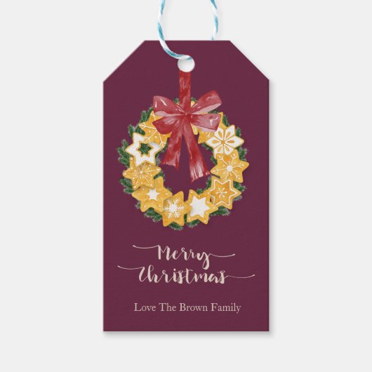 クリスマスクッキーリースと深いプラム背景 ギフトタグ (正面)