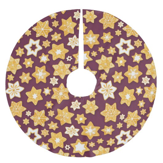 クリスマスクッキーリースと深いプラム背景 ブラッシュドポリエステルツリースカート (正面)