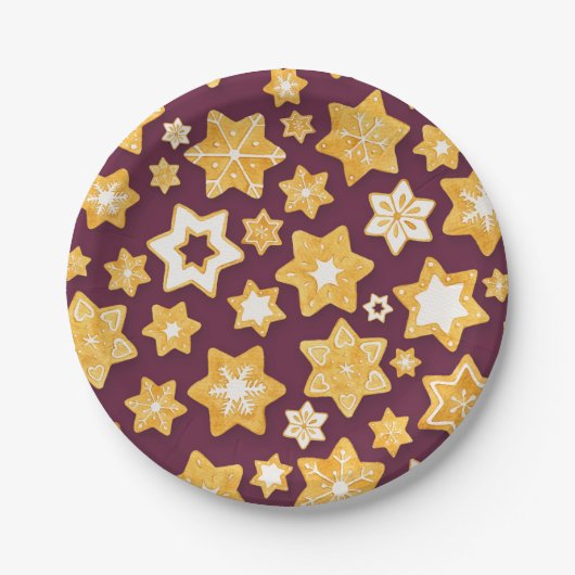クリスマスクッキーリースと深いプラム背景 ペーパープレート (正面)