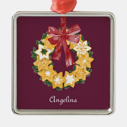 クリスマスクッキーリースと深いプラム背景 メタルオーナメント (正面)