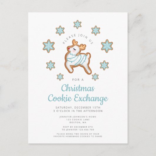 クリスマスクッキー交換かわいいトナカイ インビテーションポストカード (正面)