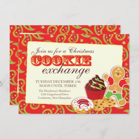 クリスマスクッキー交換&エチケット赤招待状 招待状 (正面/裏面)