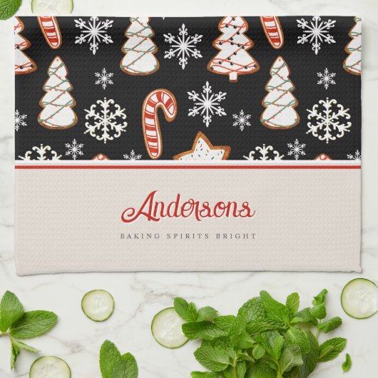 クリスマスクッキー雪片モノグラム キッチンタオル (折り畳み)