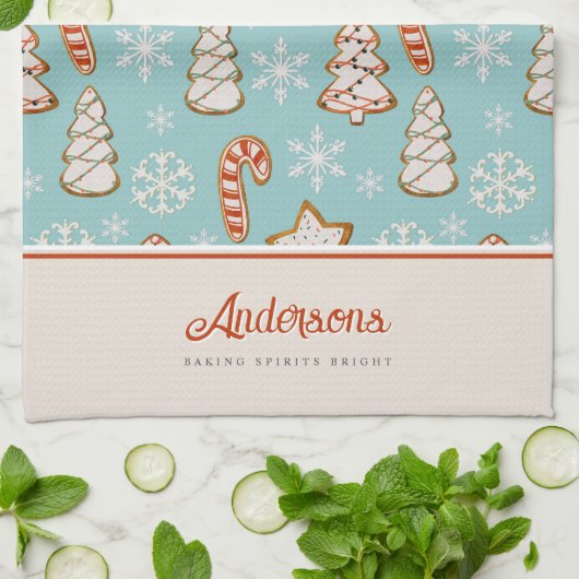 クリスマスクッキー青モノグラム キッチンタオル (折り畳み)