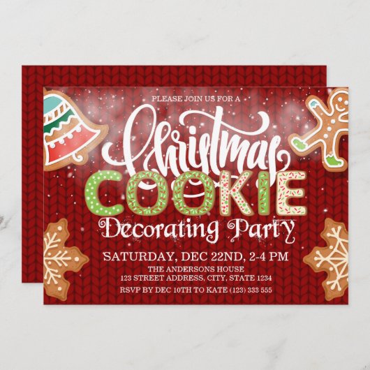 クリスマスクッキー飾のパーティー赤い緑 招待状 (正面/裏面)