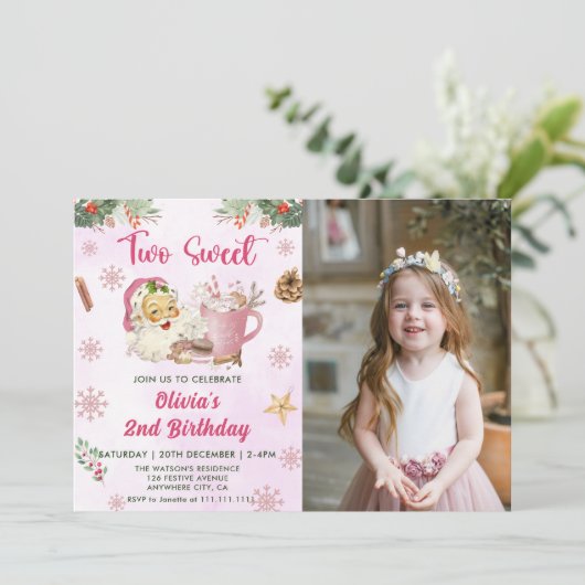 クリスマスクッキー2つの甘い2番目の誕生日の写真 招待状 (スタンド正面)