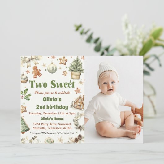クリスマスクッキー2つの甘い2番目の誕生日の写真 招待状 (スタンド正面)