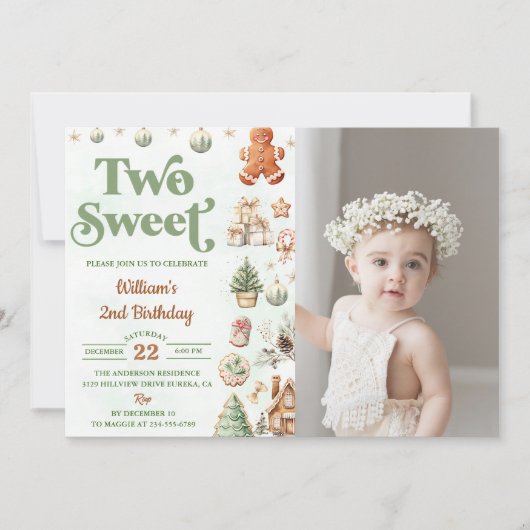 クリスマスクッキー2つの甘い2番目の誕生日の写真 招待状 (正面)