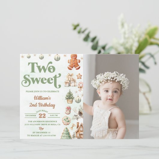 クリスマスクッキー2つの甘い2番目の誕生日の写真 招待状 (スタンド正面)