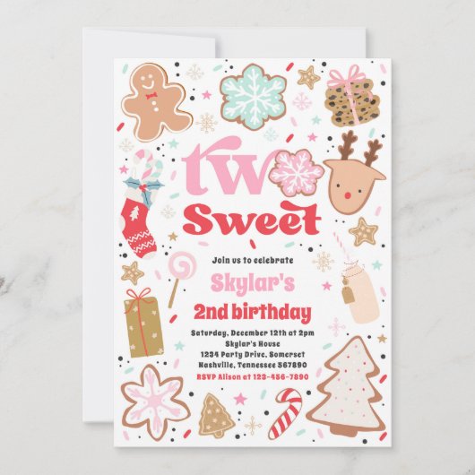 クリスマスクッキー2つの甘い2番目の誕生日パーティー 招待状 (正面)