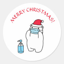 クリスマスクママスクとサンタ帽 ラウンドステッカー