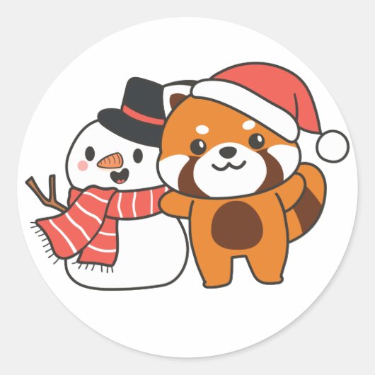 クリスマスクラの冬の雪だるま付きレッドパンダ ラウンドシール (正面)