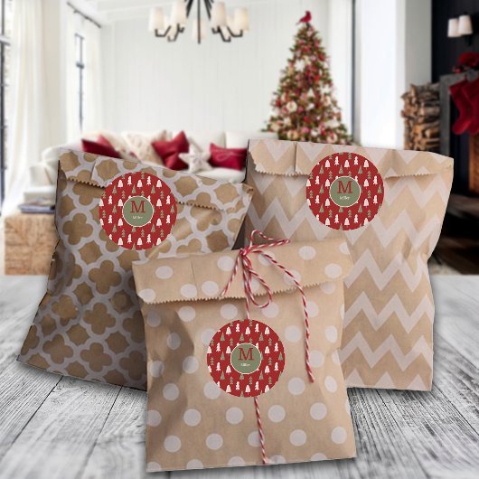 クリスマスクラシックツリーカスタムファミリーモノグラムレッド ラウンドシール