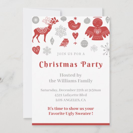 クリスマスクラシックパーティー北欧グレー 招待状 (正面)