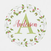 クリスマスクラシックホリデーレッドホリーモノグラム メタルオーナメント (正面)