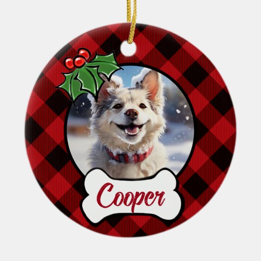 クリスマスクラシックレッドプレイドホリーベリー葉類 セラミックオーナメント (正面)