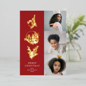 クリスマスクラシック赤葉はっきりしたJOYコラージュ写真 箔シーズンカード (立ち正面)