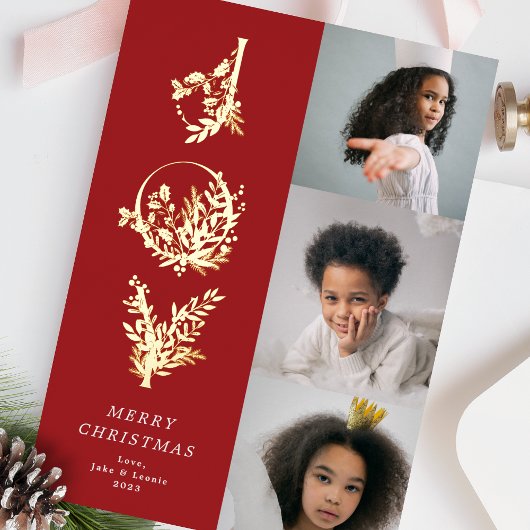 クリスマスクラシック赤葉はっきりしたJOYコラージュ写真 箔シーズンカード