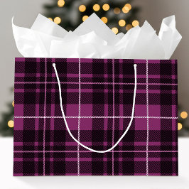 クリスマスクラシック・チェック ダークピンク ホリデー ターターンのデザイン ラージペーパーバッグ