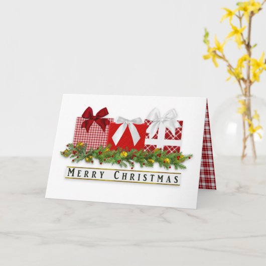 クリスマスクラシー赤い格子柄ギフト弓カード カード (黄色い花)