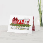 クリスマスクラシー赤い格子柄ギフト弓カード カード (正面)
