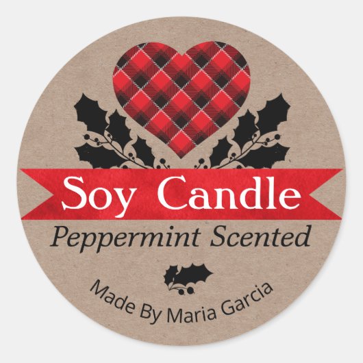 クリスマスクラフトプレイドペパーミント大豆キャンドルラベル ラウンドシール (正面)